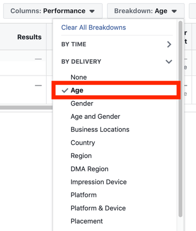 Tips to lower your Facebook Ad costs, option to view audience breakdown by age