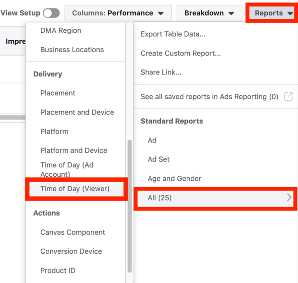 Tips to lower your Facebook Ad costs, option to view Time of Day (Viewer) from the Reports drop-down menu in Facebook Ads dashboard