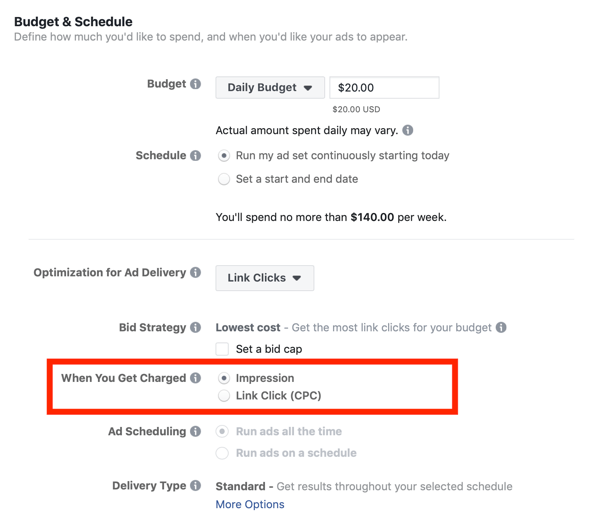 Tips to lower your Facebook Ad costs, option to be charged by impression or by link click (CPC)