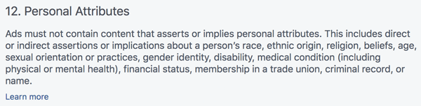 How to write and structure longer-form text-based Facebook sponsored posts, best practices, Facebook ad policy regarding referencing Personal Attributes