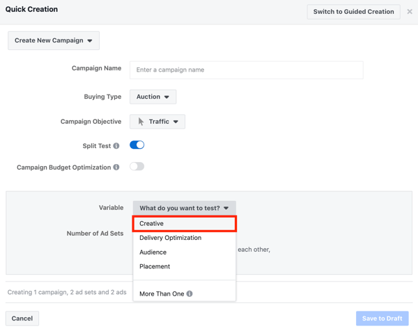 Facebook ad techniques that deliver results, split-test creative setting for Facebook Ad campaign