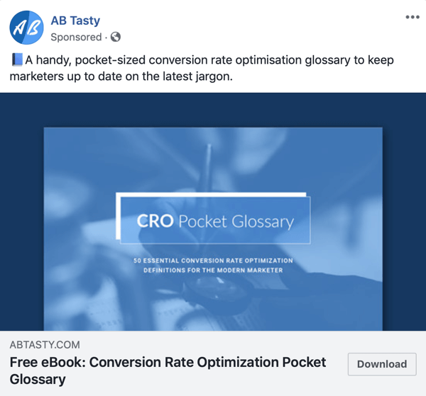 Facebook ad techniques that deliver results, example by AB Tasty offering free content