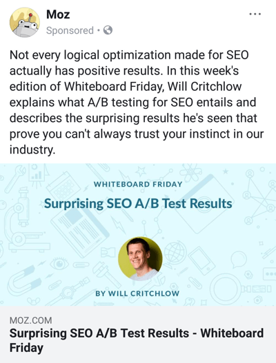 Facebook ad techniques that deliver results, example by Moz offering branded research content