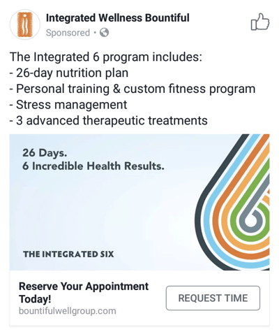 Facebook ad techniques that deliver results, example by Integrated Wellness Bountiful offering appointment times