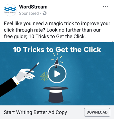 Facebook ad techniques that deliver results, example by WordStream offering a free guide