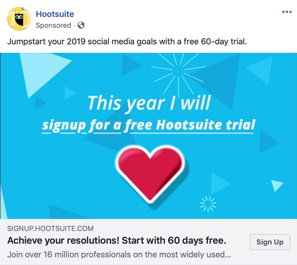 Facebook ad techniques that deliver results, example by Hootsuite offering free trial