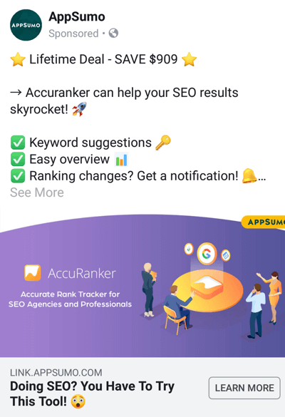 Facebook ad techniques that deliver results, example by AppSumo offering a deal