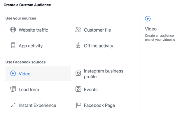 How to promote your live event on Facebook, step 8, create custom audience in Facebook Ads Manager based on video views