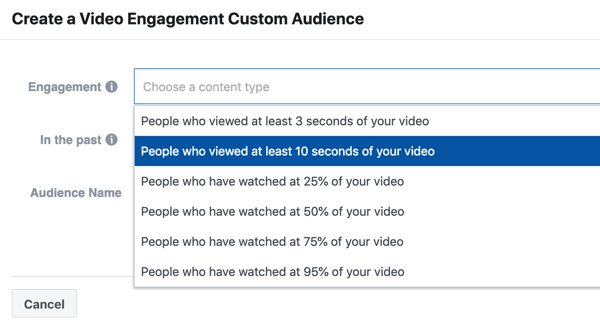 How to promote your live event on Facebook, step 9, create a video engagement campaign of people who watched at least 10 seconds of your video