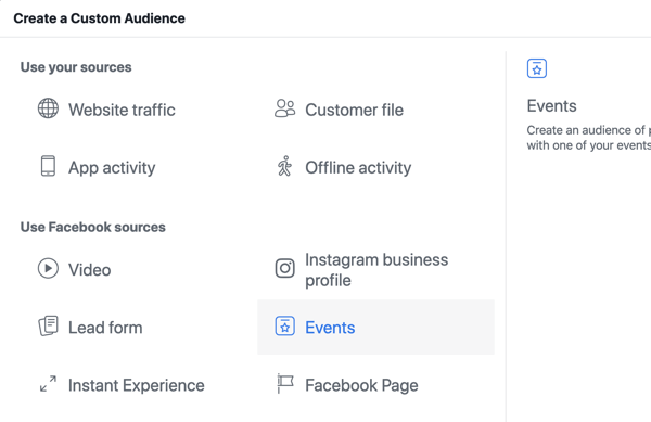 How to promote your live event on Facebook, step10, create custom audience in Facebook Ads Manager based on event page views