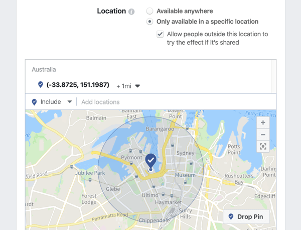 How to promote your live event on Facebook, step 3, option to create a location specific Facebook frame and adjust the location radius
