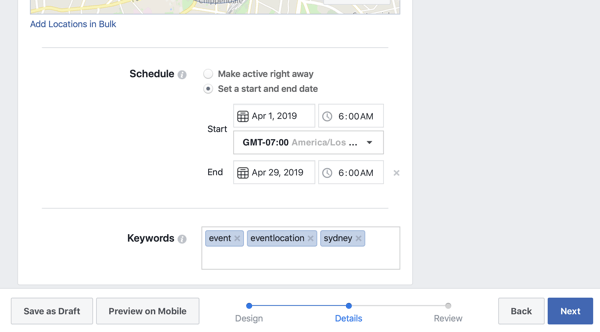 How to promote your live event on Facebook, step 4, settings for when your Facebook frame will be available