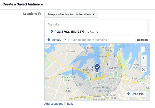 How to promote your live event on Facebook, step 5, option to create a saved audience based on event location