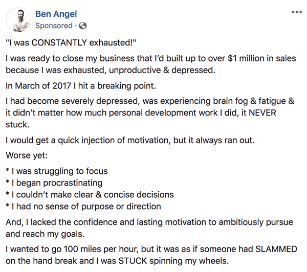 How to write and structure longer-form text-based Facebook sponsored posts, step 1, backstory statements example by Ben Angel