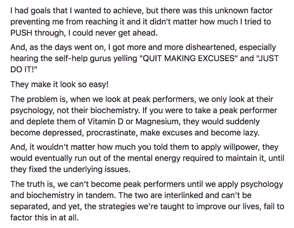 How to write and structure longer-form text-based Facebook sponsored posts, step 2, challenge conventional wisdom statements example by Ben Angel