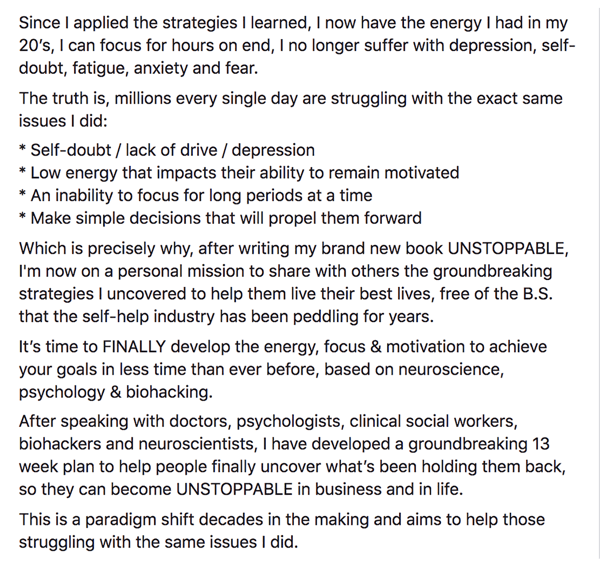 How to write and structure longer-form text-based Facebook sponsored posts, step 4, results statements example by Ben Angel