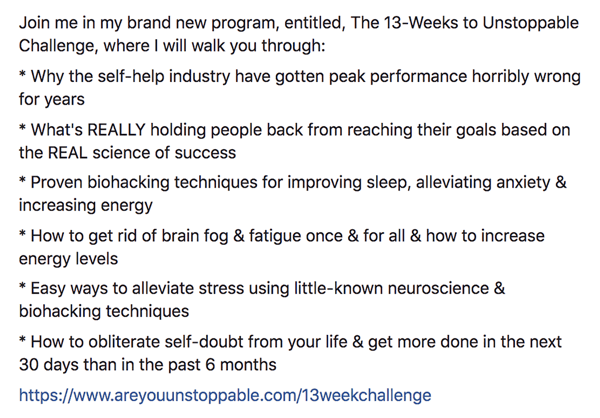 How to write and structure longer-form text-based Facebook sponsored posts, step 5, outcome and call-to-action statements example by Ben Angel