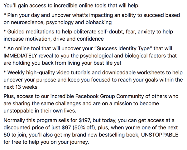 How to write and structure longer-form text-based Facebook sponsored posts, step 6, features statements example by Ben Angel