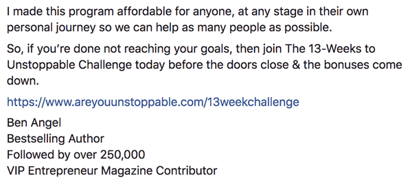 How to write and structure longer-form text-based Facebook sponsored posts, step 7, final call-to-action statements example by Ben Angel