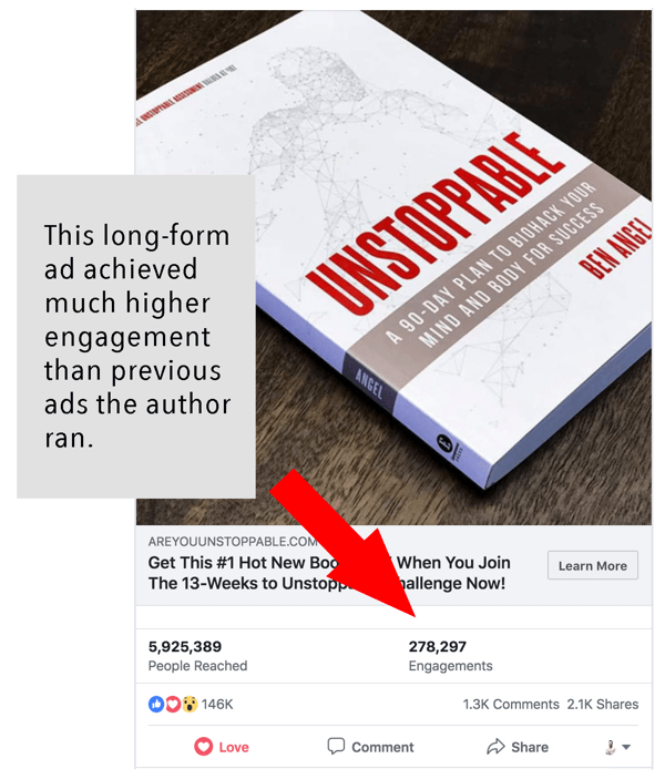 How to write and structure longer-form text-based Facebook sponsored posts, example by AreYouUnstoppable.com with engagement information