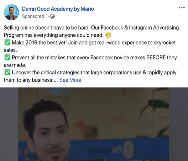 How to write and structure longer-form text-based Facebook sponsored posts, type 1 problem and solution, example by Damn Good Academy by Mario