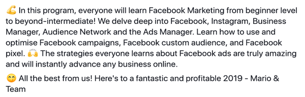 How to write and structure longer-form text-based Facebook sponsored posts, step 6, program features statement example by Damn Good Academy by Mario