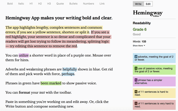 How to write and structure longer-form text-based Facebook sponsored posts, best practices, Hemingway App