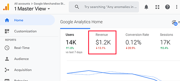 Google Analytics Home screen revenue tip