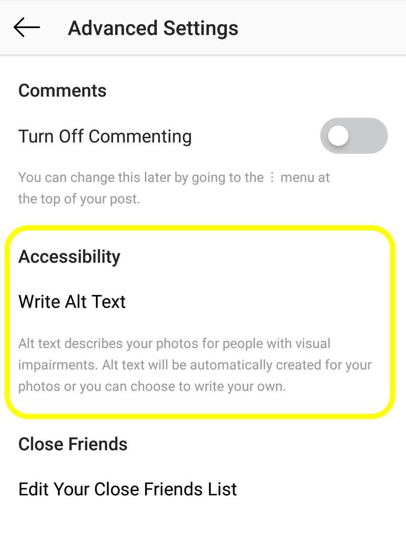 How to add alt text to Instagram posts, step 2, Instagram post accessibility option to set alt tag
