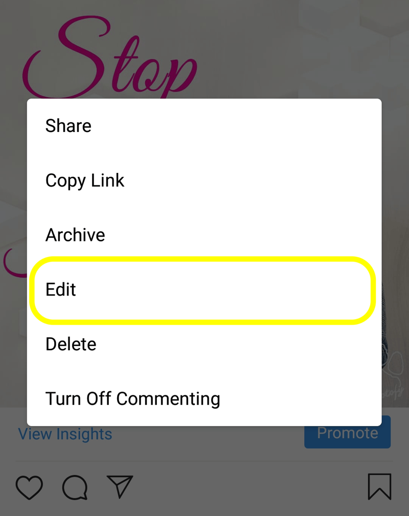 How to add alt text to Instagram posts, step 5, edit post option
