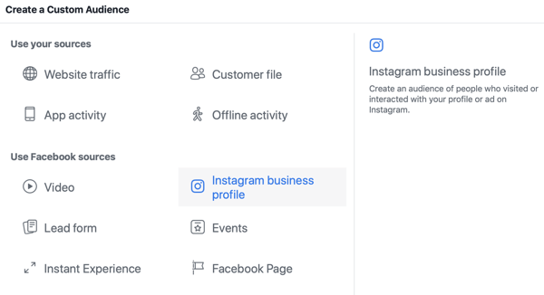 How to strategically grow your Instagram following, step 3, select source Instagram business profile option