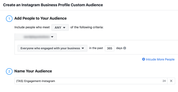 How to strategically grow your Instagram following, step 4, settings to select which Instagram profile and include visitors from the last year in your audience