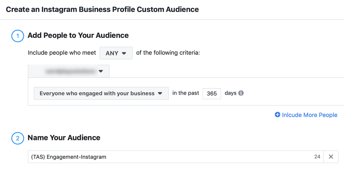 How to strategically grow your Instagram following, step 4, settings to select which Instagram profile and include visitors from the last year in your audience