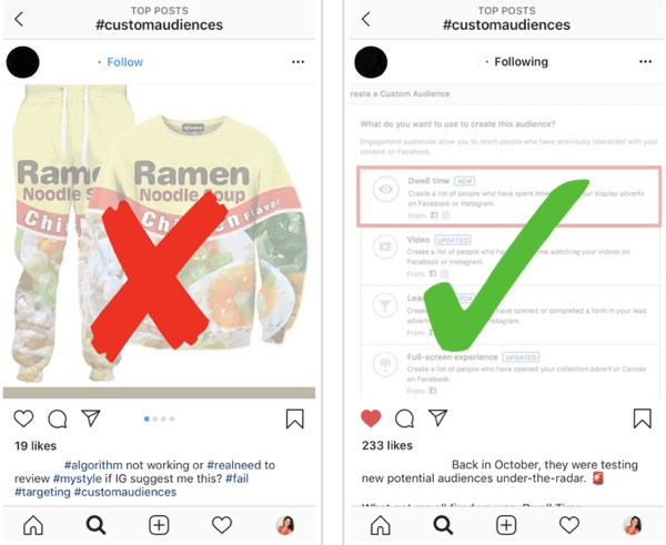 How to strategically grow your Instagram following, step 12, find relevant example posts, example of good and bad posts