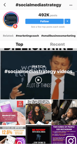 How to strategically grow your Instagram following, step 11, find relevant example posts, sample search for “#socialmediastrategy” videos