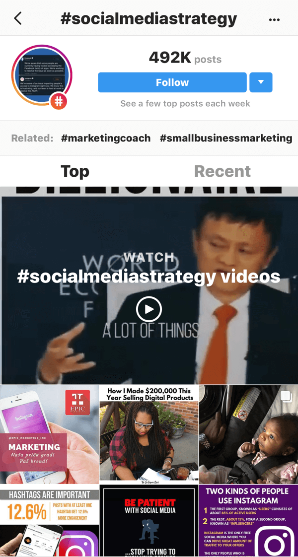 How to strategically grow your Instagram following, step 11, find relevant example posts, sample search for â#socialmediastrategyâ videos