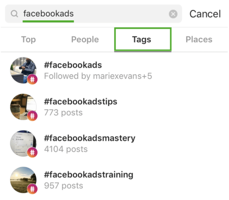 How to strategically grow your Instagram following, step 9, find relevant hashtags, example search for ‘facebookads’