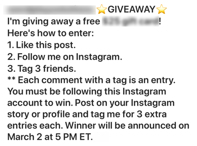 How to recruit paid social influencers, example of poorly done Instagram contest post