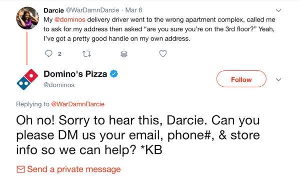 10 metrics to track when analyzing your social media marketing, example of conversation response by Dominos