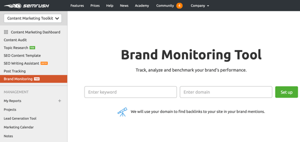 10 metrics to track when analyzing your social media marketing, example of SEMRush brand monitoring tool