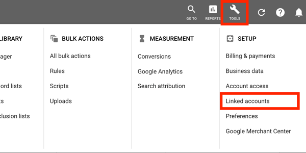 How to set up a YouTube ads campaign, step 1, set up YouTube advertising, Google AdWords tools menu, Linked accounts option