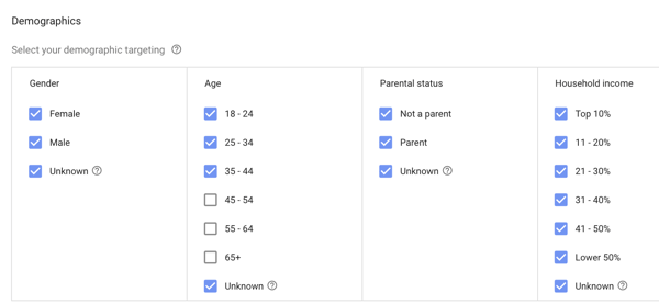 How to set up a YouTube ads campaign, step 18, define demographics targeting options