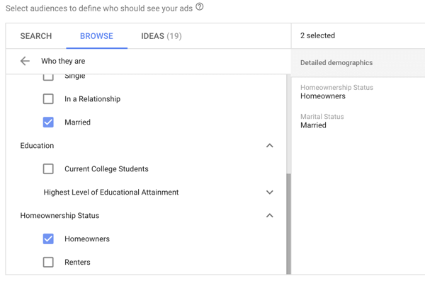 How to set up a YouTube ads campaign, step 19, define audience detailed demographics options