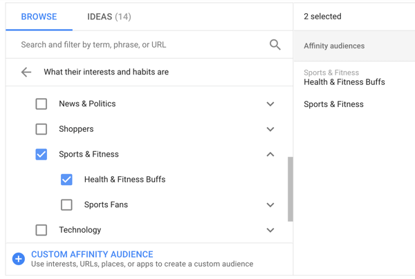 How to set up a YouTube ads campaign, step 20, set affinity targeting options