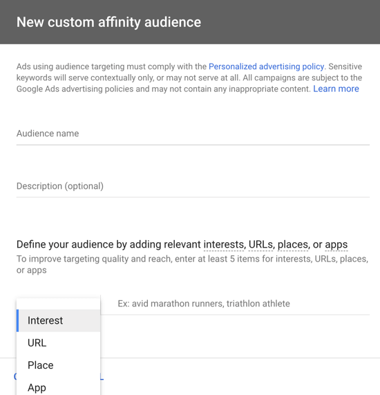 How to set up a YouTube ads campaign, step 21, create a custom affinity audience