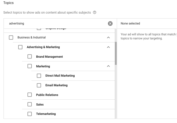 How to set up a YouTube ads campaign, step 32, example relevant topics for 'advertising'
