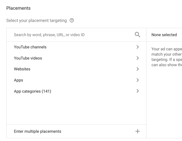 How to set up a YouTube ads campaign, step 33, placement targeting options