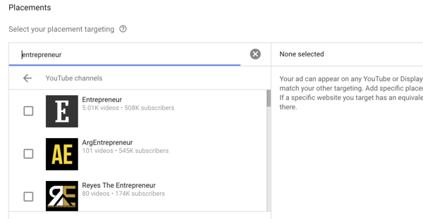 How to set up a YouTube ads campaign, step 34, option to select specific video placement