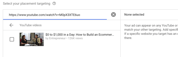 How to set up a YouTube ads campaign, step 35, option to select specific video placement on competitor site