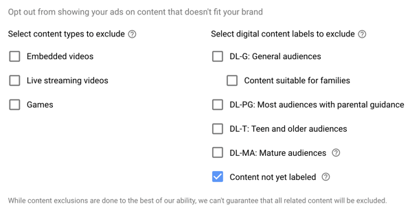 How to set up a YouTube ads campaign, step 15, set excluded types and label options